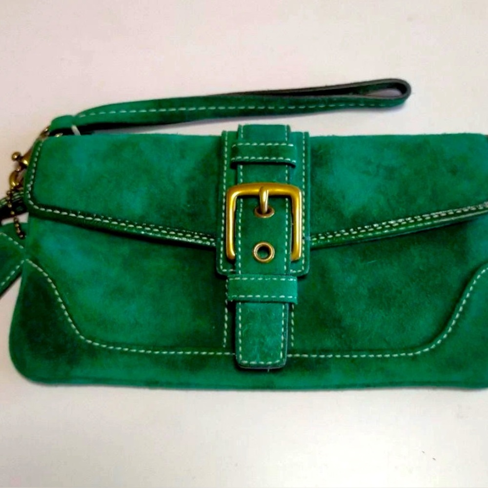 ISO Coach Green Suede Wristlet Clutch